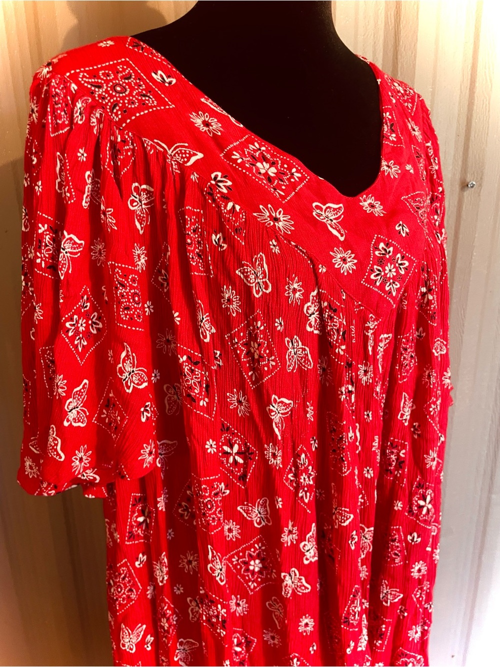 VTG Bechamel Red Bandana Print House Dress Mumu Crinkle Patio Lounge sz S